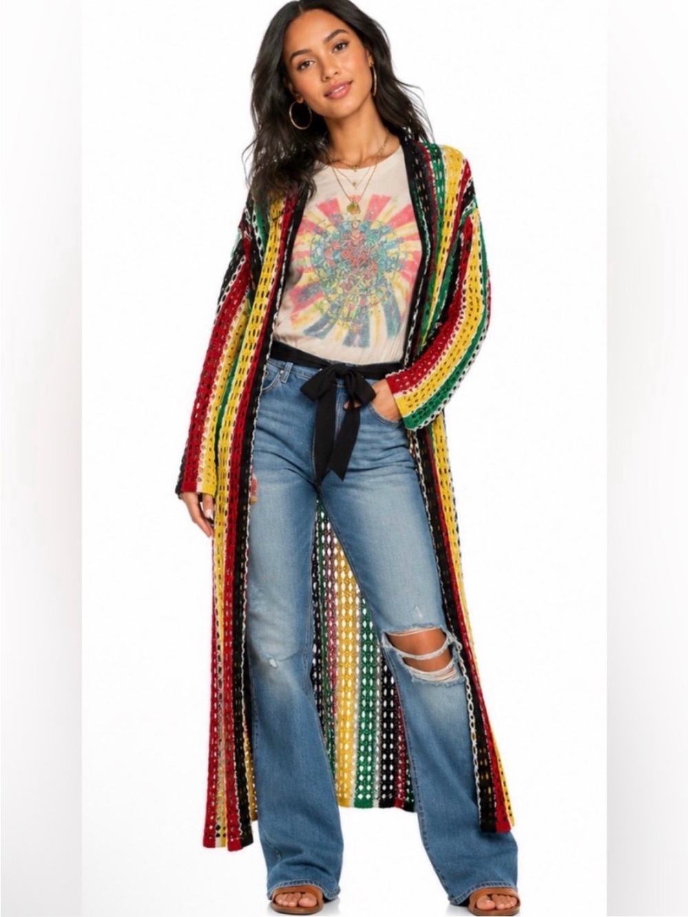 Open-Front Multi-Color Stripe Long Knit Cardigan Sweater